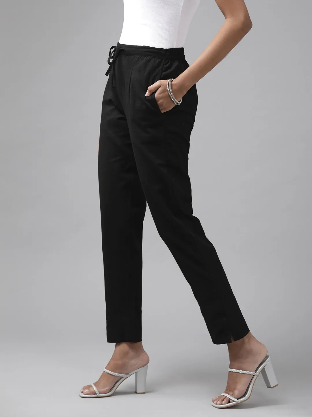 Black Cotton Fit  Trousers