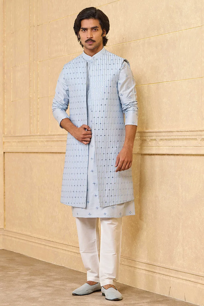 Blue Mirror Work Kurta Bundi Set