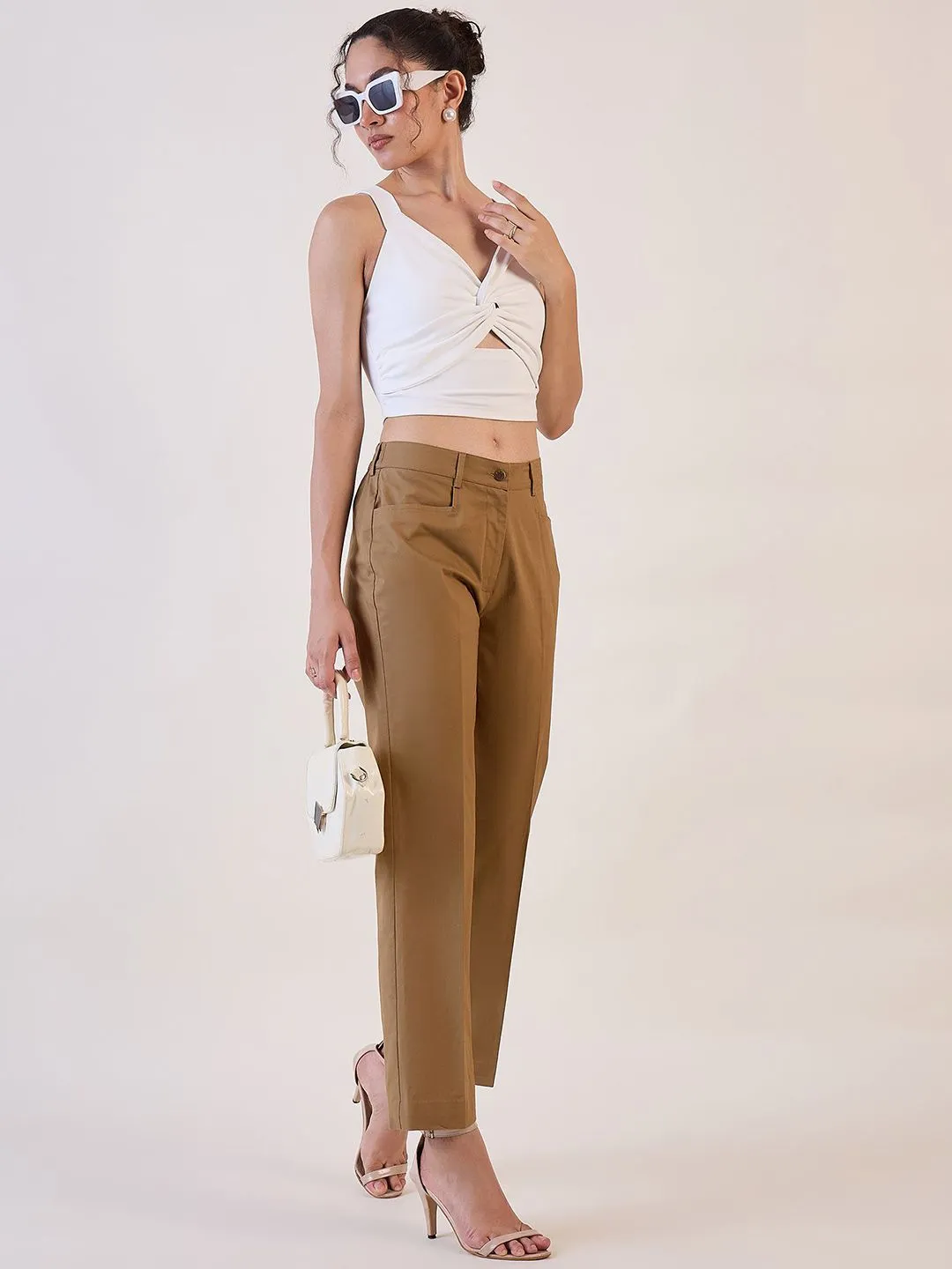 Brown Straight Fit Mid Waist Trouser