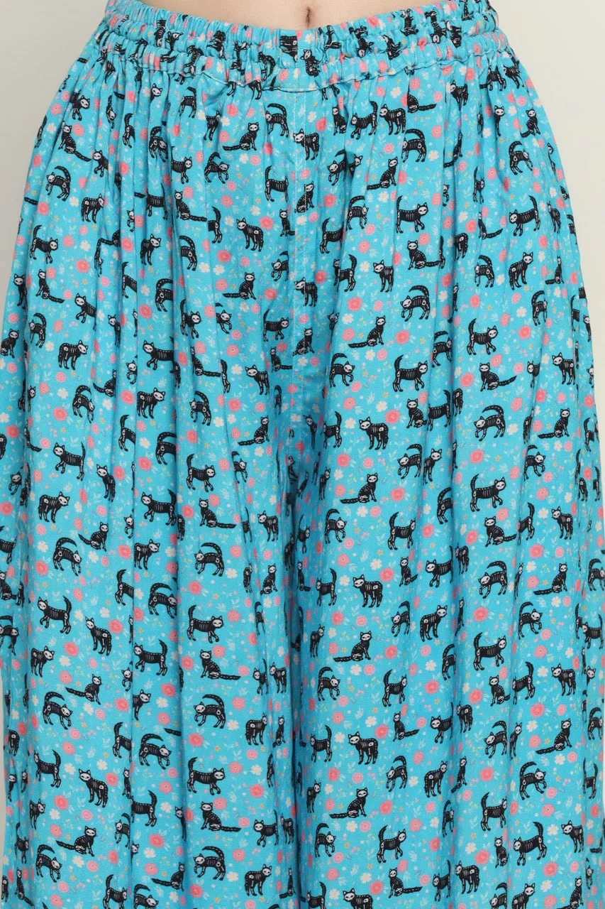 Cat Printed Fabric Relaxed Fit Palazzos