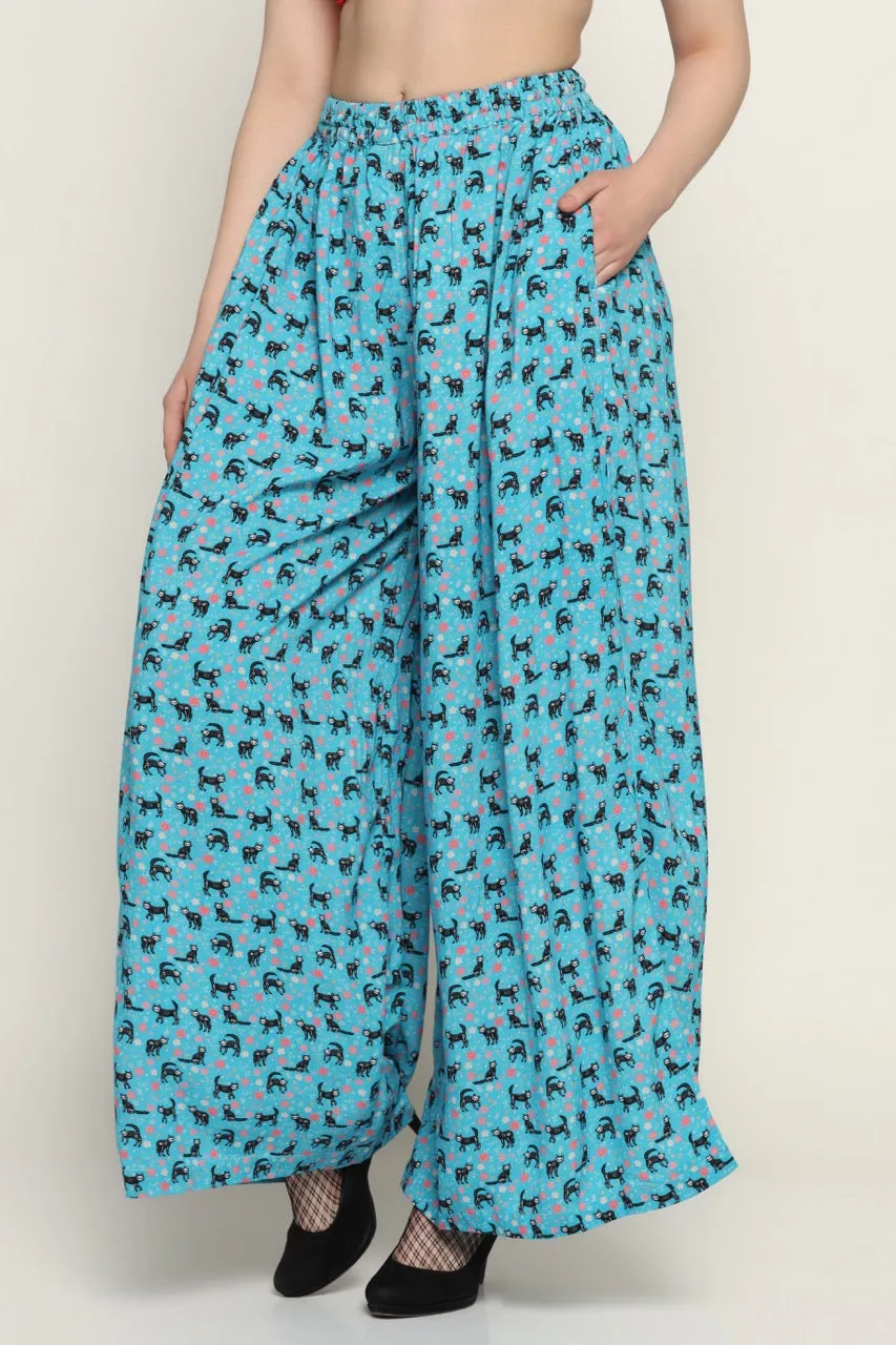 Cat Printed Fabric Relaxed Fit Palazzos