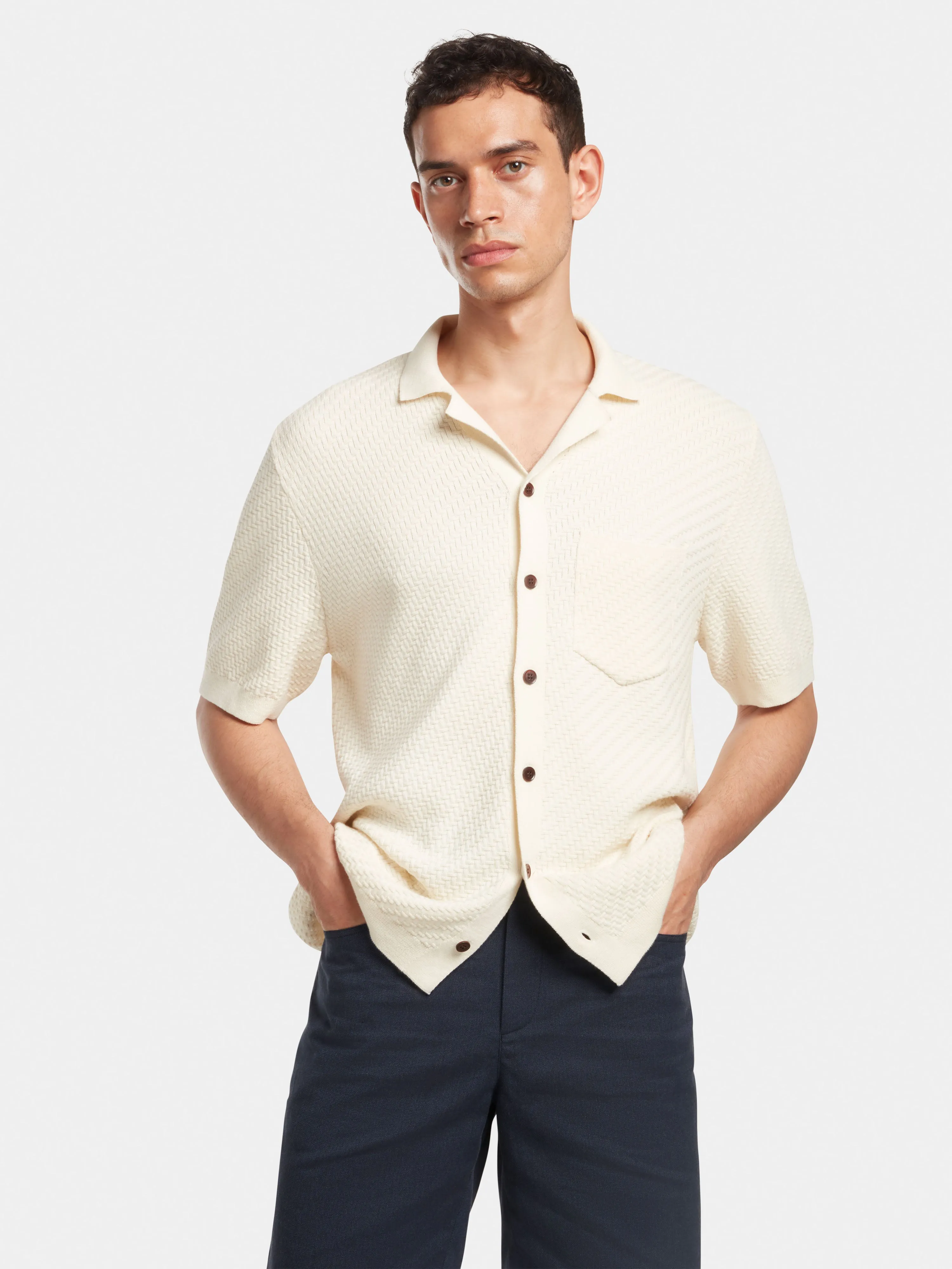 Cream Herringbone Knit Polo