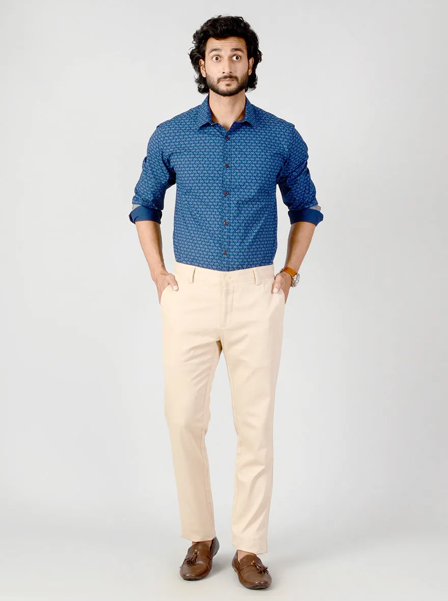 Cream Self Textured Slim Fit Casual Trouser | JadeBlue