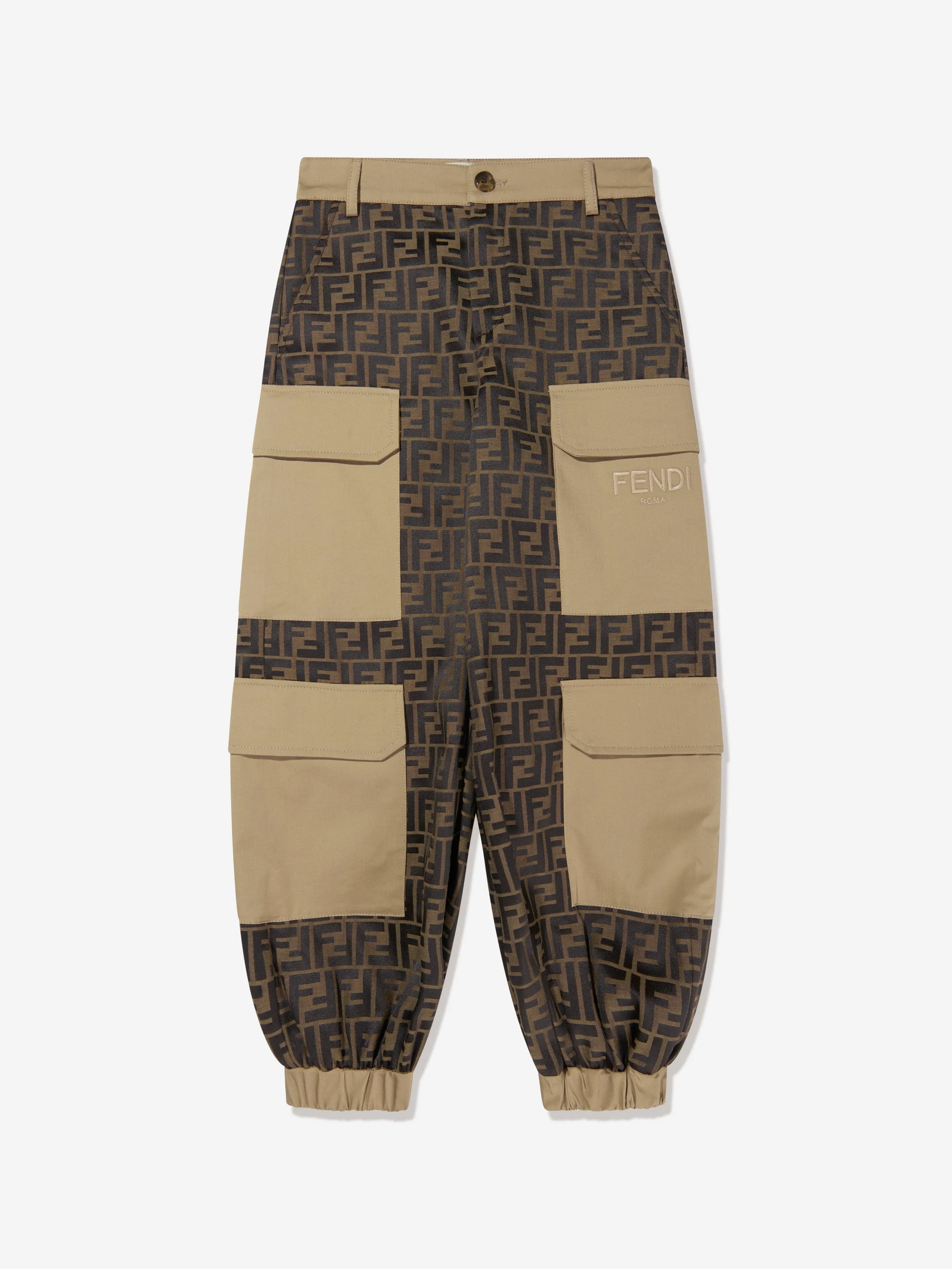 Fendi Kids Zucca Jacquard Cargo Trousers in Brown