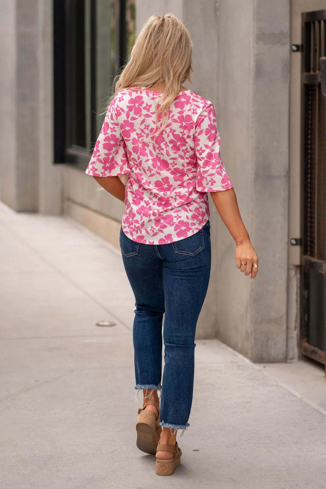 Floral Decorative Button V-Neck Top