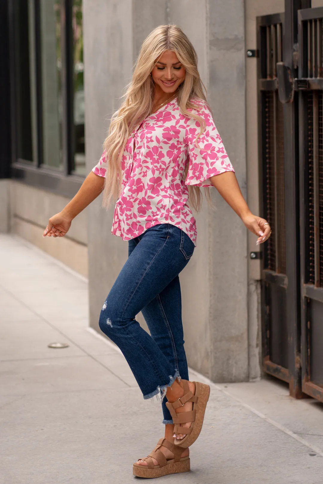 Floral Decorative Button V-Neck Top