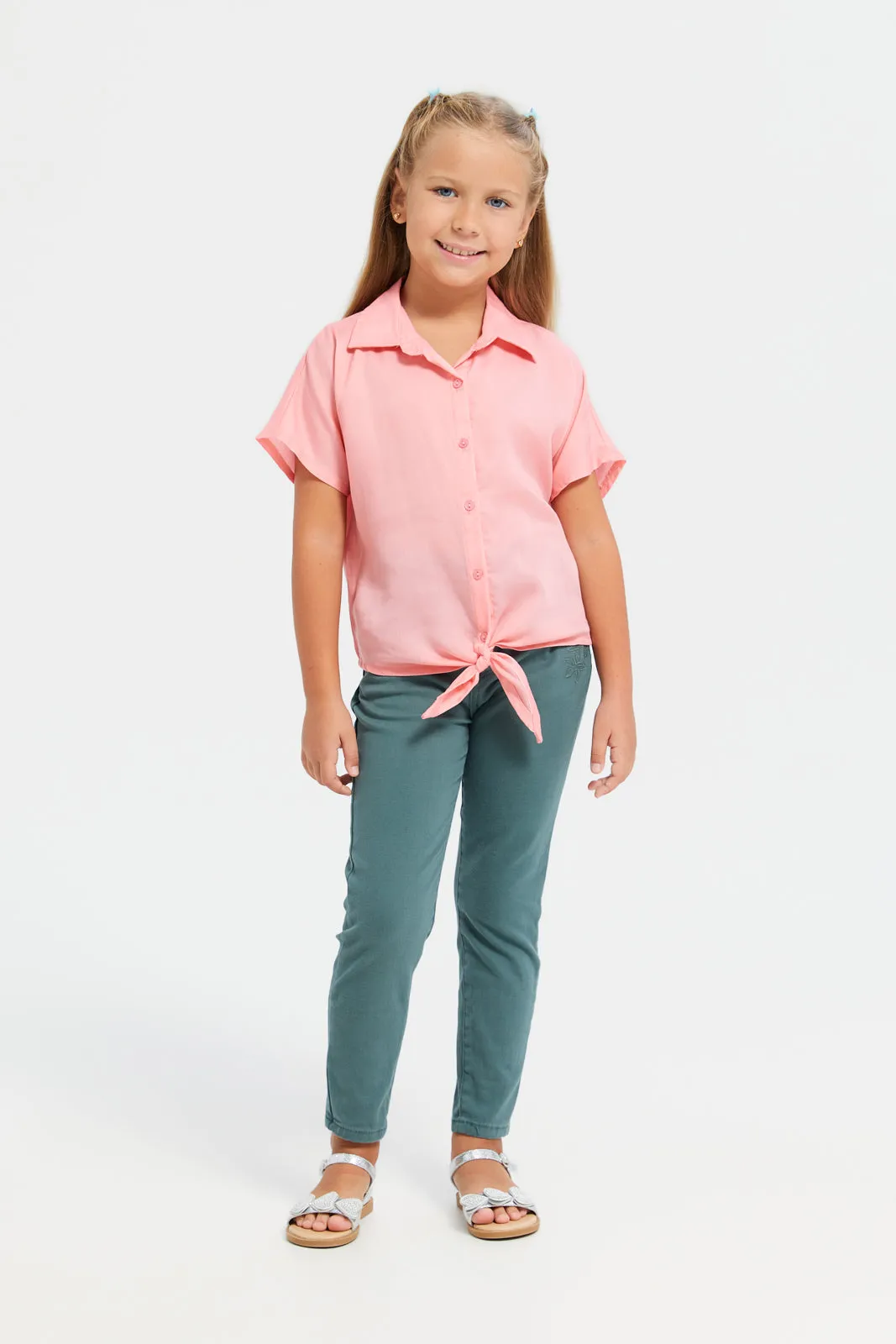 Girls Green Plain Slim Fit Trouser