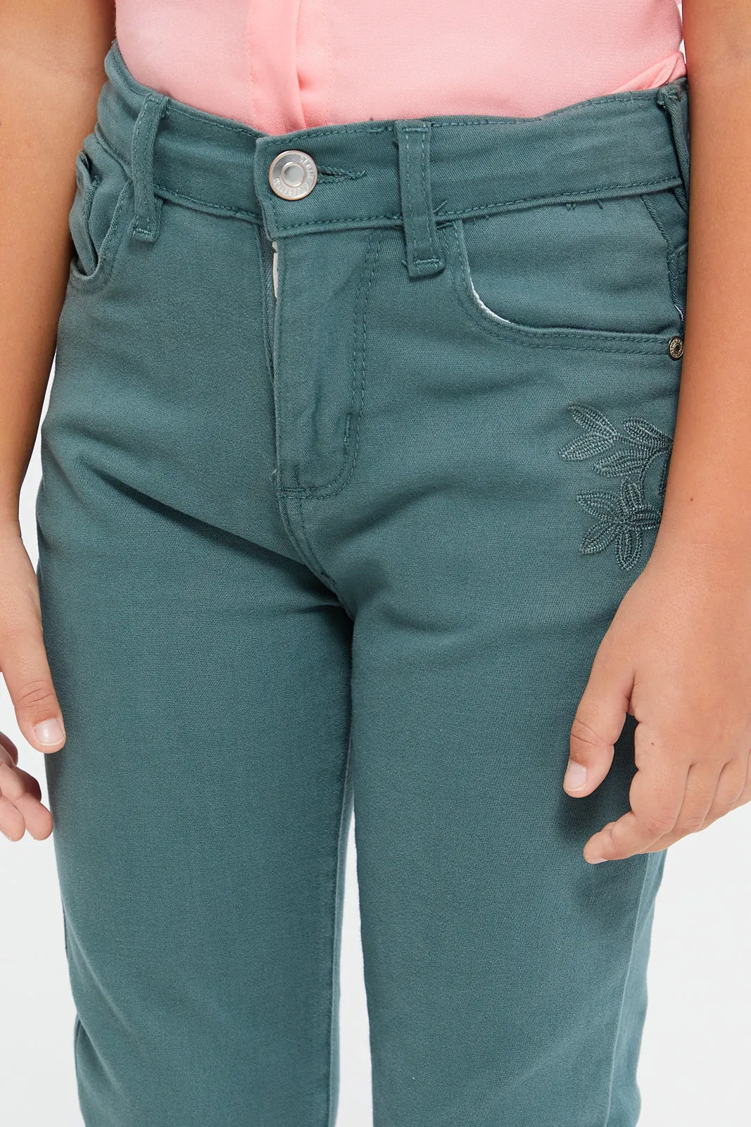 Girls Green Plain Slim Fit Trouser