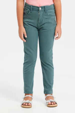 Girls Green Plain Slim Fit Trouser