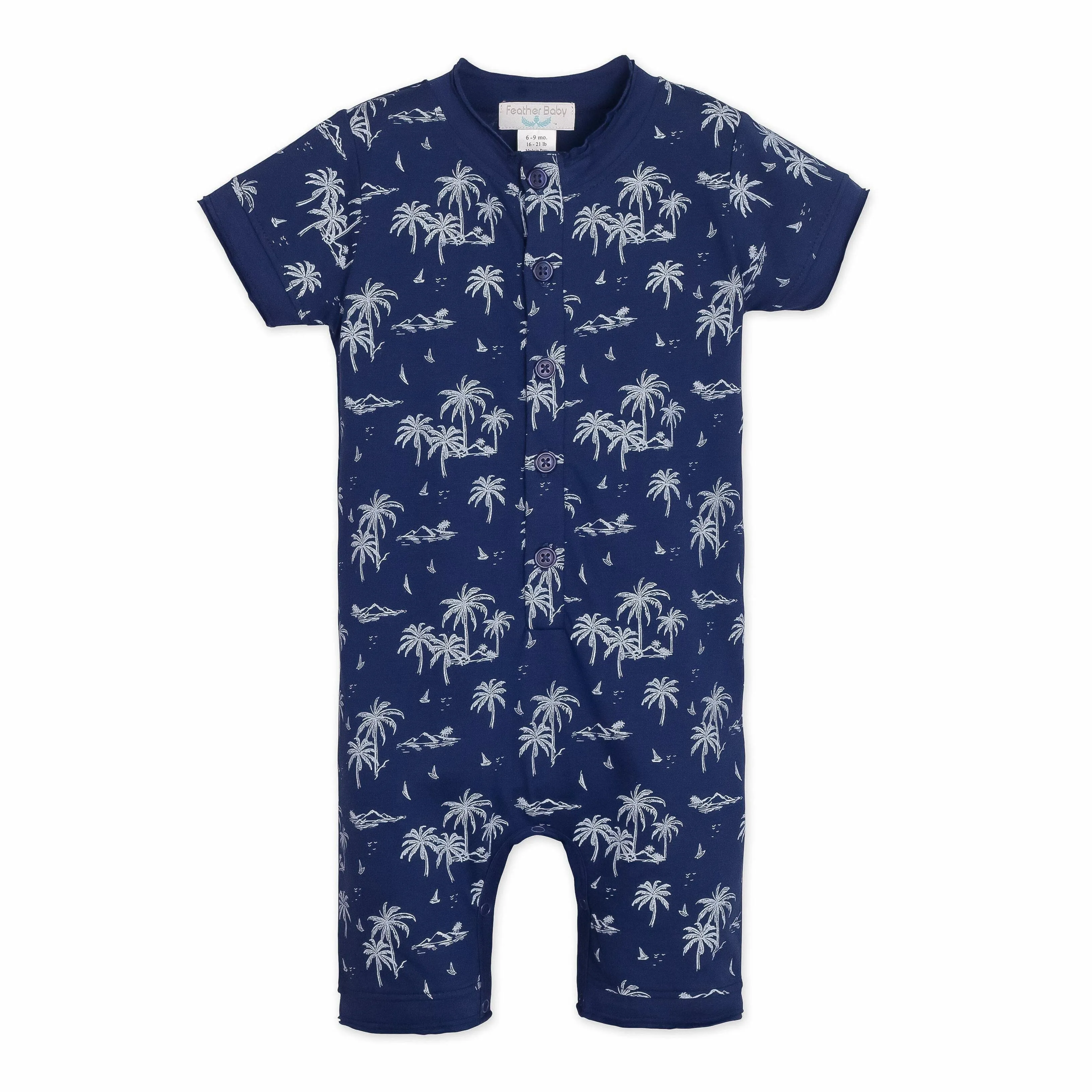 Henley Romper | Vintage Hawaii - White on Indigo  100% Pima Cotton