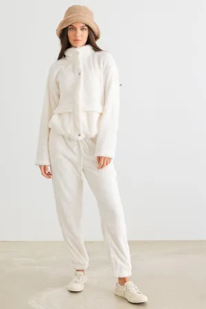 Ivory Fuzzy Knit Button-Up Long Sleeve Jacket & High Waist Pants Set /2-2-2