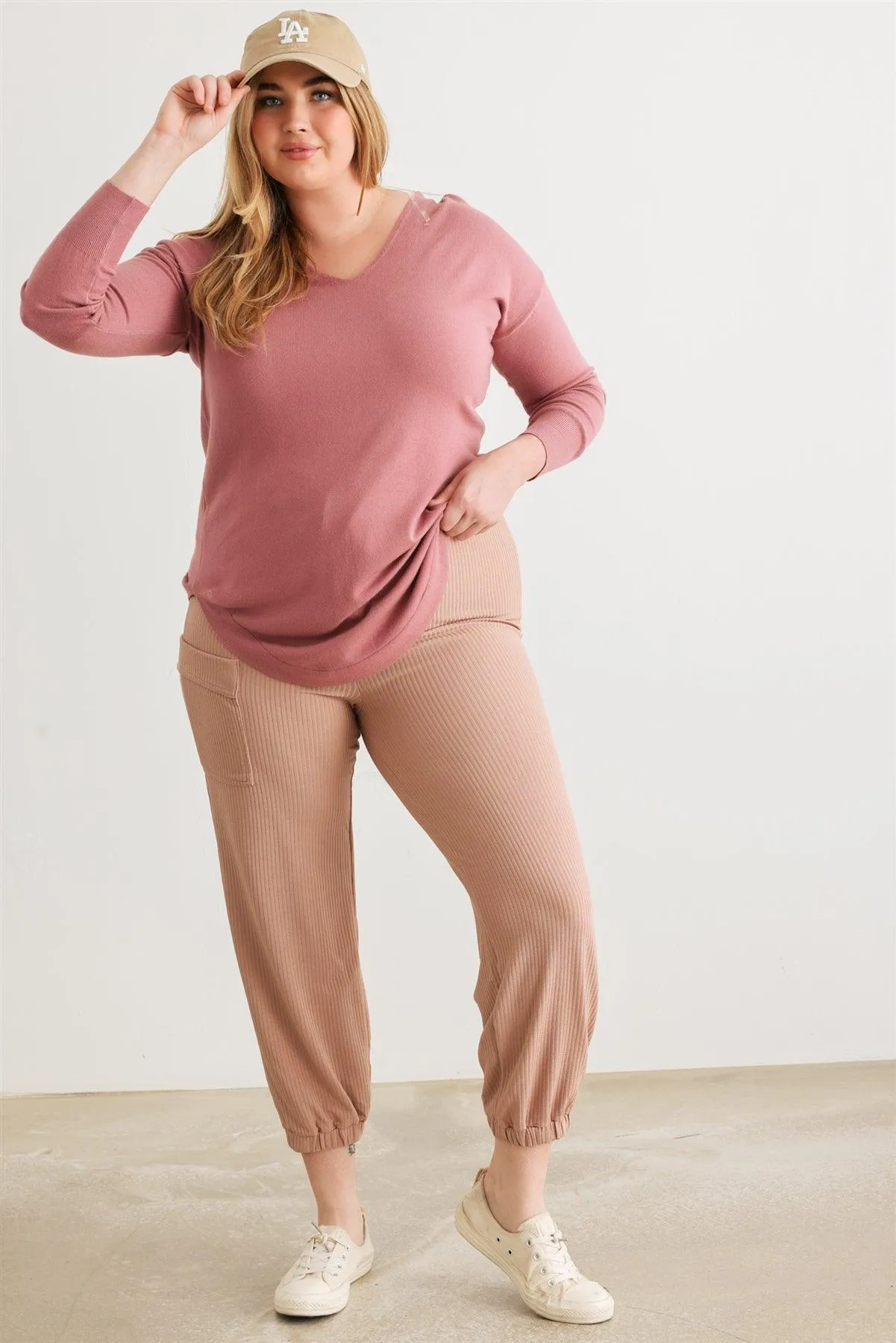 Junior Plus Taupe Ribbed High Waist Jogger Pants /1-1-1