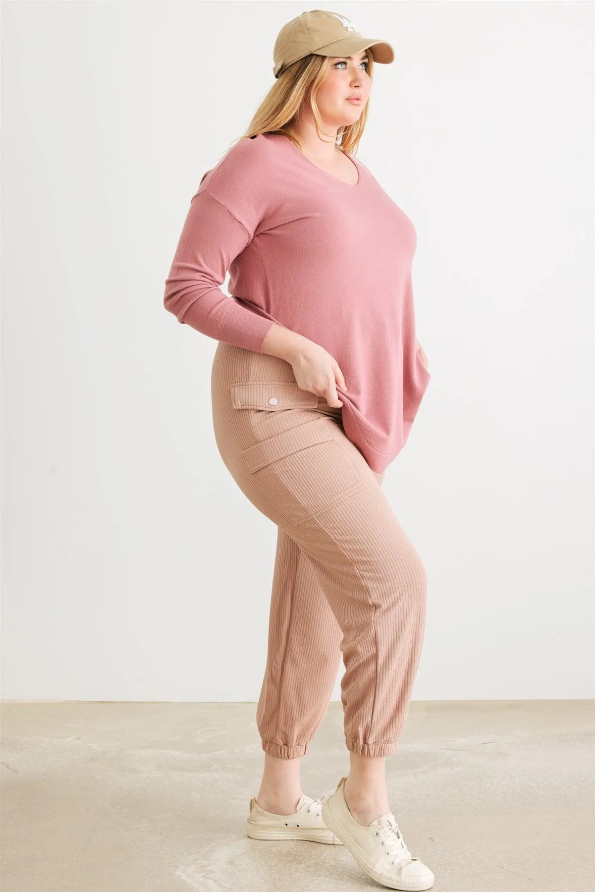 Junior Plus Taupe Ribbed High Waist Jogger Pants /1-1-1