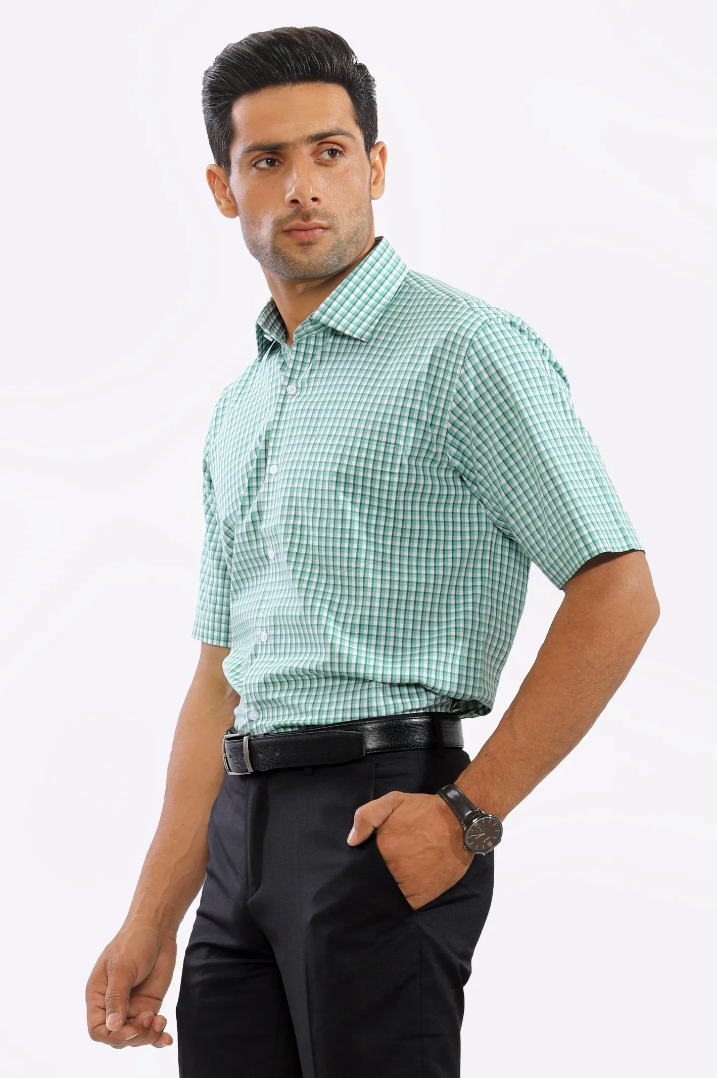 Light Green Tattersall Check Formal Shirt (Half Sleeves)