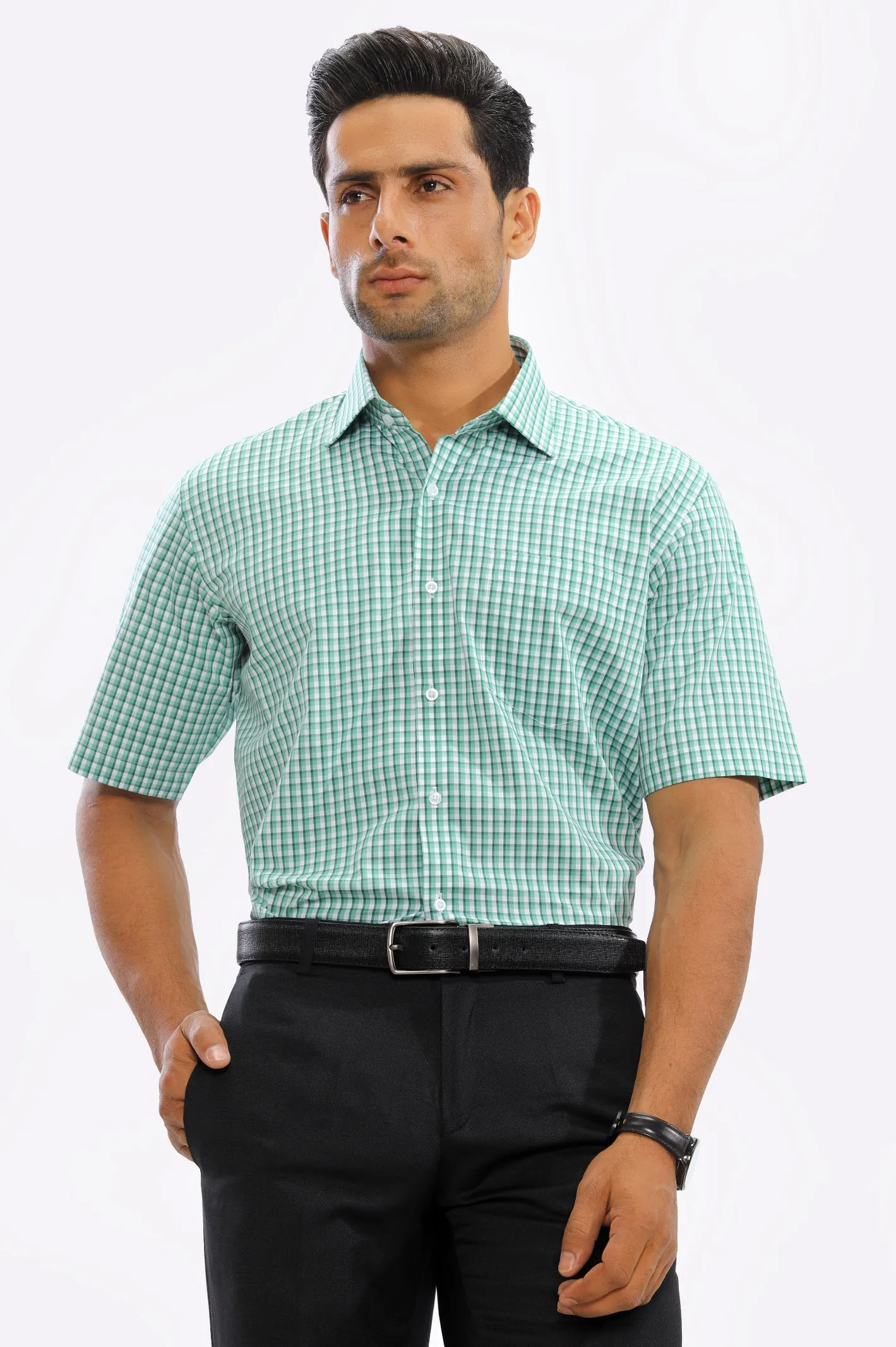 Light Green Tattersall Check Formal Shirt (Half Sleeves)