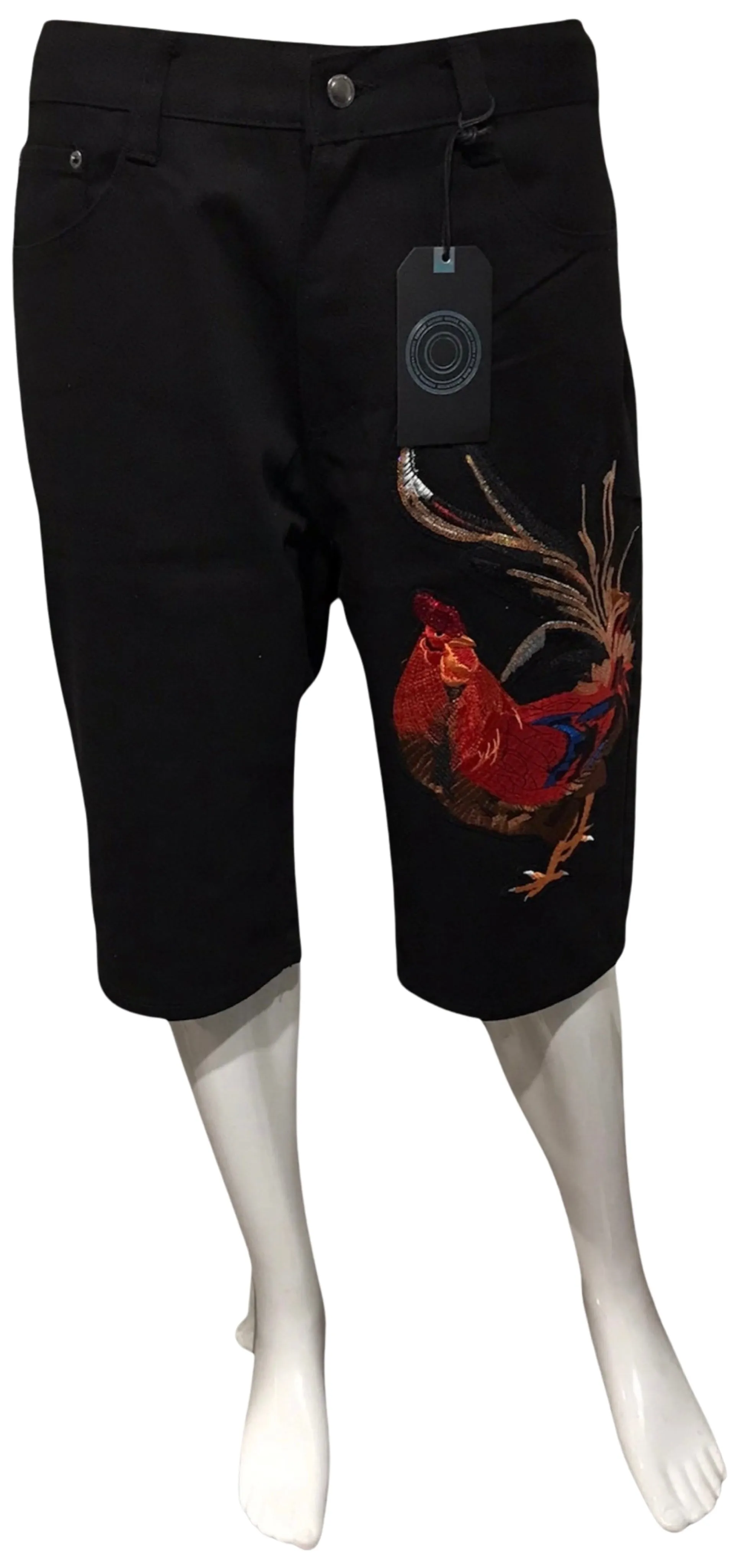 ^MAXI MILIAN^ (BLACK) ~ROOSTER~ DENIM SHORTS (SLIM FIT) (EMBROIDERED)