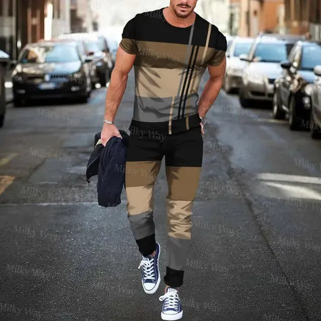 Men's Summer Tracksuit Stripe Print T-shirt Trousers Set