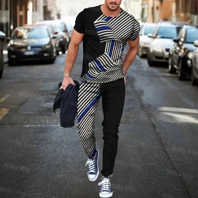 Men's Summer Tracksuit Stripe Print T-shirt Trousers Set