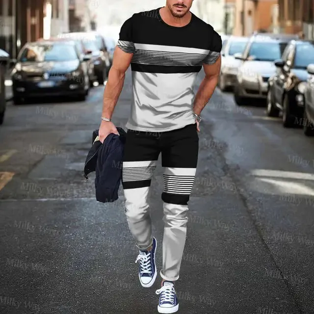 Men's Summer Tracksuit Stripe Print T-shirt Trousers Set