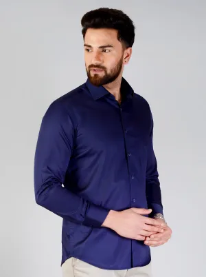 Navy Blue Solid Slim Fit Evening Wear Shirt | Metal