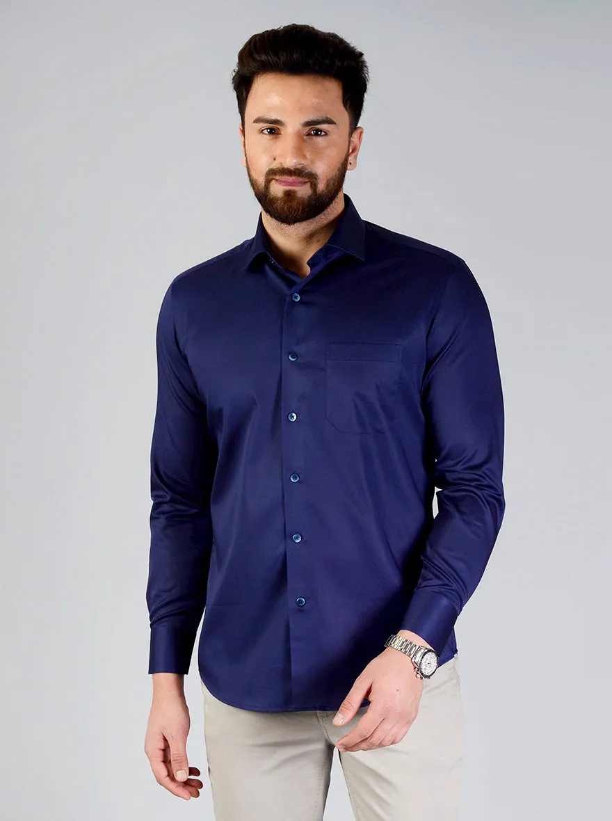 Navy Blue Solid Slim Fit Evening Wear Shirt | Metal