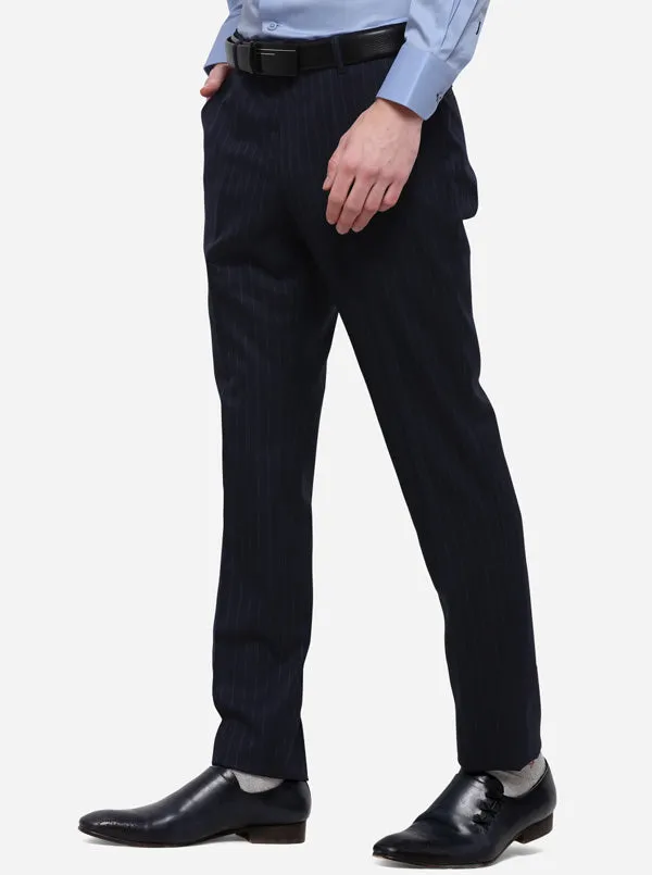 Navy Blue Striped Super Slim Fit Formal Trouser | JadeBlue