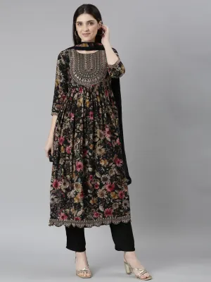 Neeru's Black Regular Straight Floral Readymade Suits