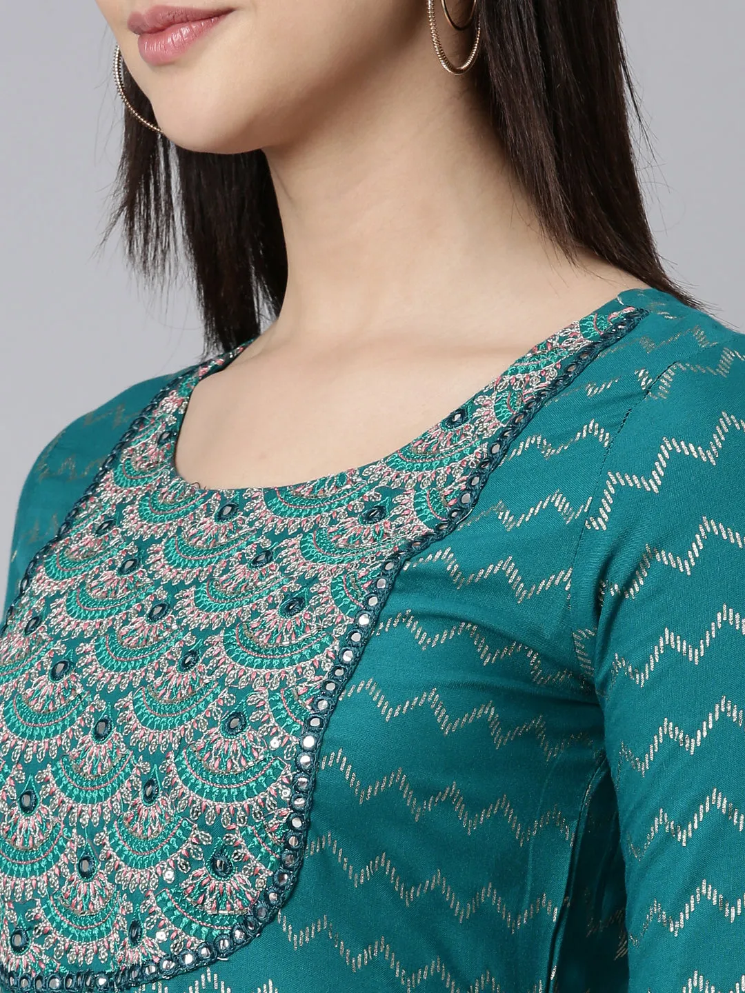 Neerus Blue Regular Straight Chevron Kurta And Trousers With Dupatta