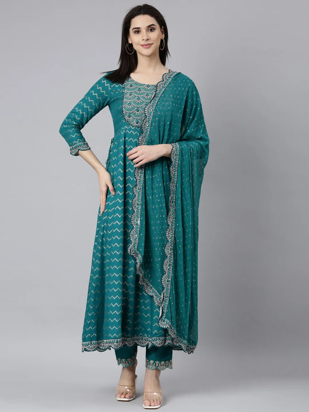 Neerus Blue Regular Straight Chevron Kurta And Trousers With Dupatta