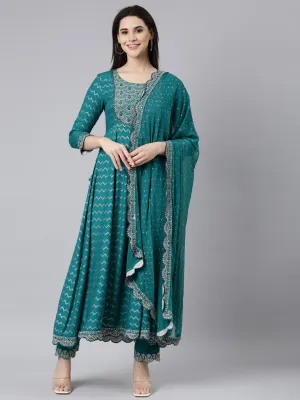 Neerus Blue Regular Straight Chevron Kurta And Trousers With Dupatta