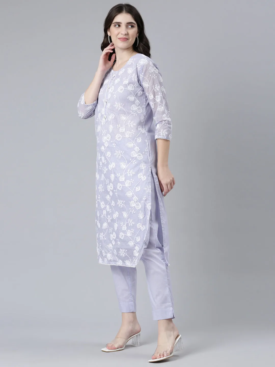 Neeru's Lavender Regular Straight Embroidered Kurta And Trousers With Dupatta