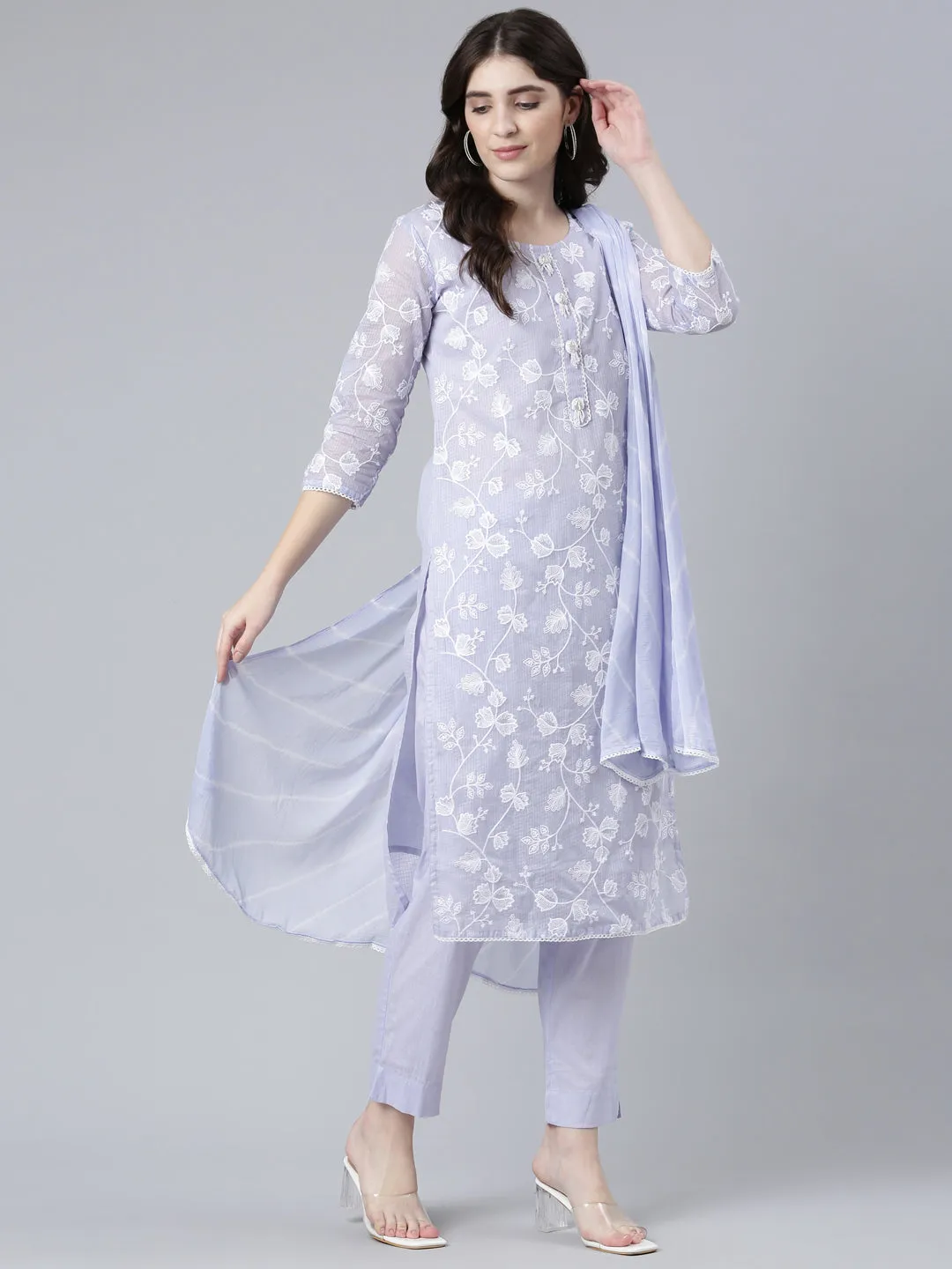 Neeru's Lavender Regular Straight Embroidered Kurta And Trousers With Dupatta