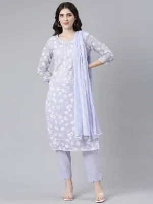 Neeru's Lavender Regular Straight Embroidered Kurta And Trousers With Dupatta