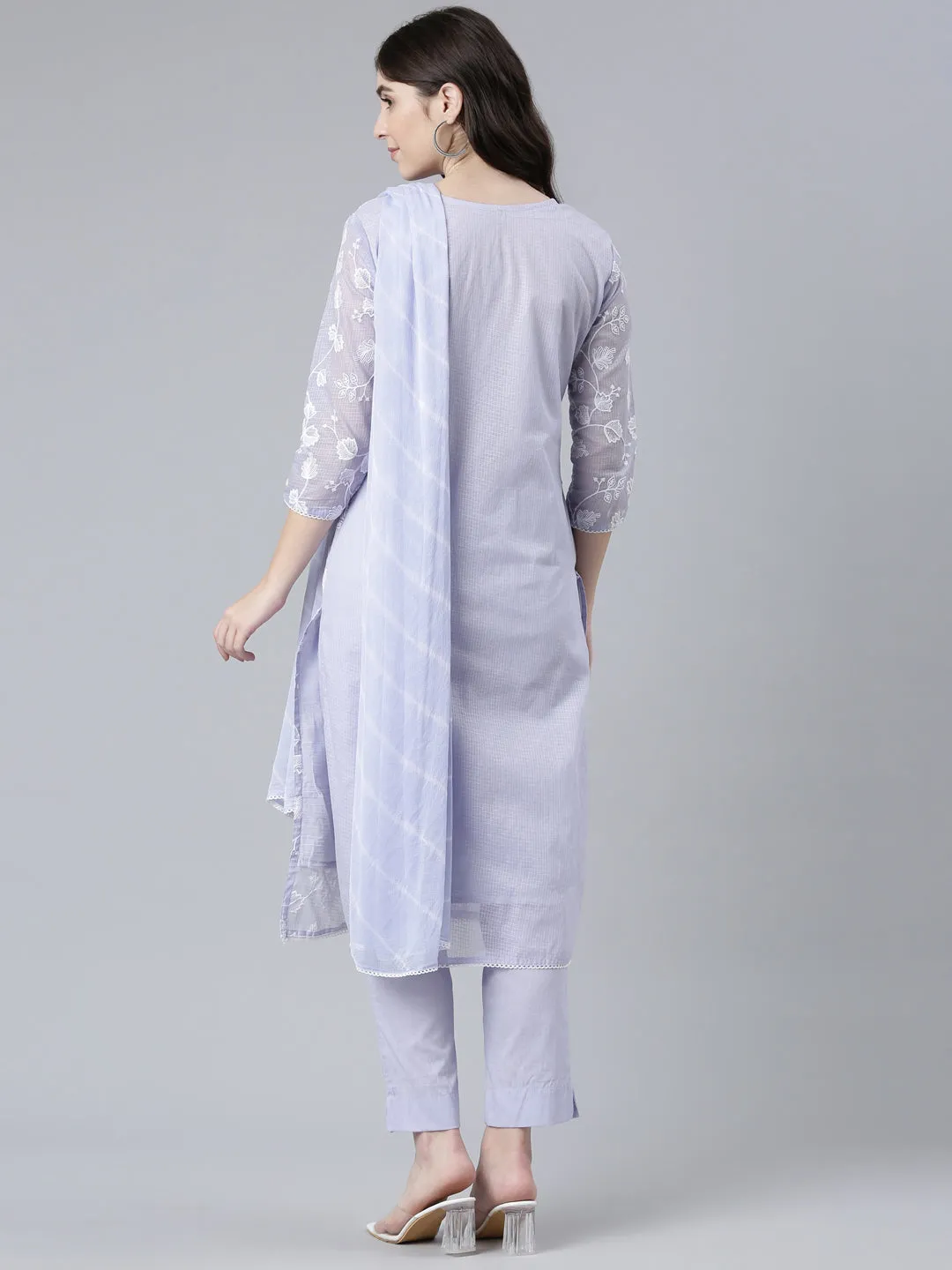 Neeru's Lavender Regular Straight Embroidered Kurta And Trousers With Dupatta