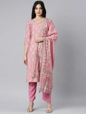 Neerus Pink Regular Straight Bandhani Kurta And Trousers With Dupatta