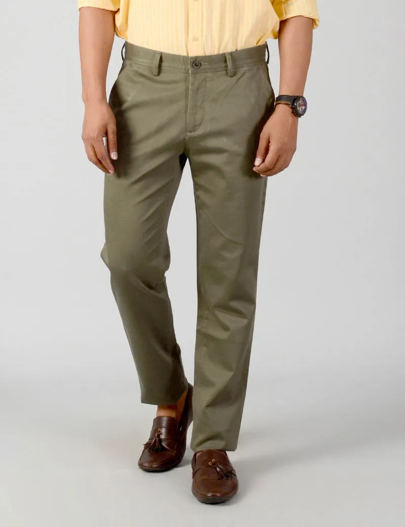 Olive Green Solid Slim Fit Casual Trouser | JadeBlue