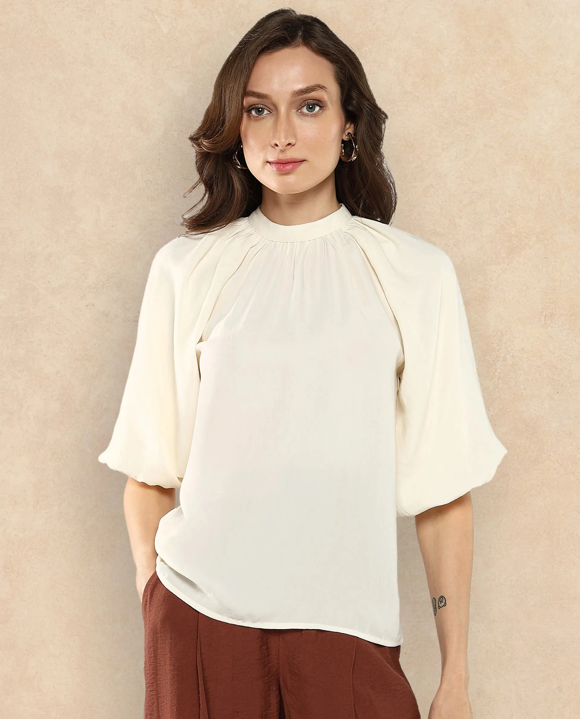 Rareism Women Nito Beige Satin Raglan Sleeves Mandarin Collar Button Closure Plain Top