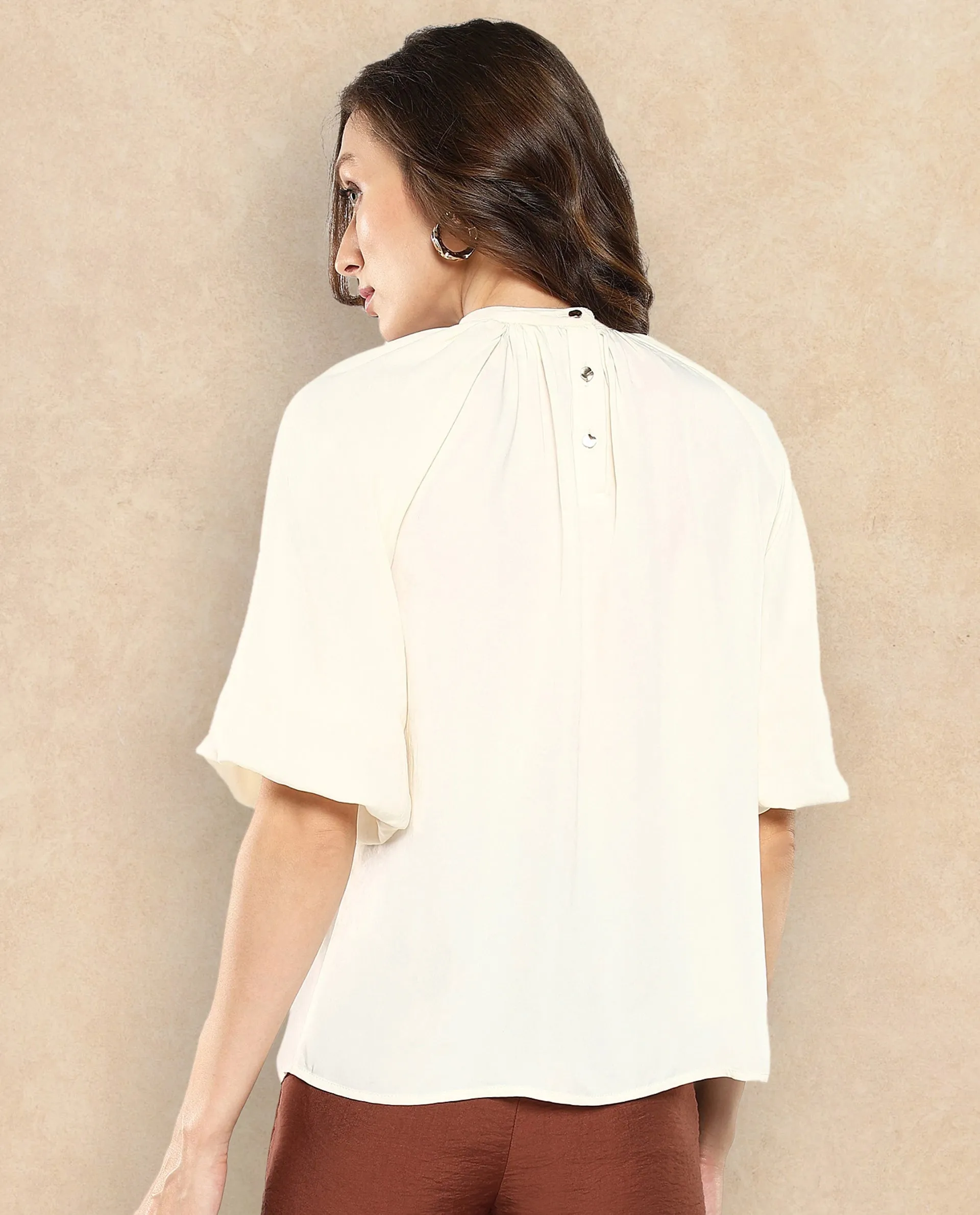 Rareism Women Nito Beige Satin Raglan Sleeves Mandarin Collar Button Closure Plain Top