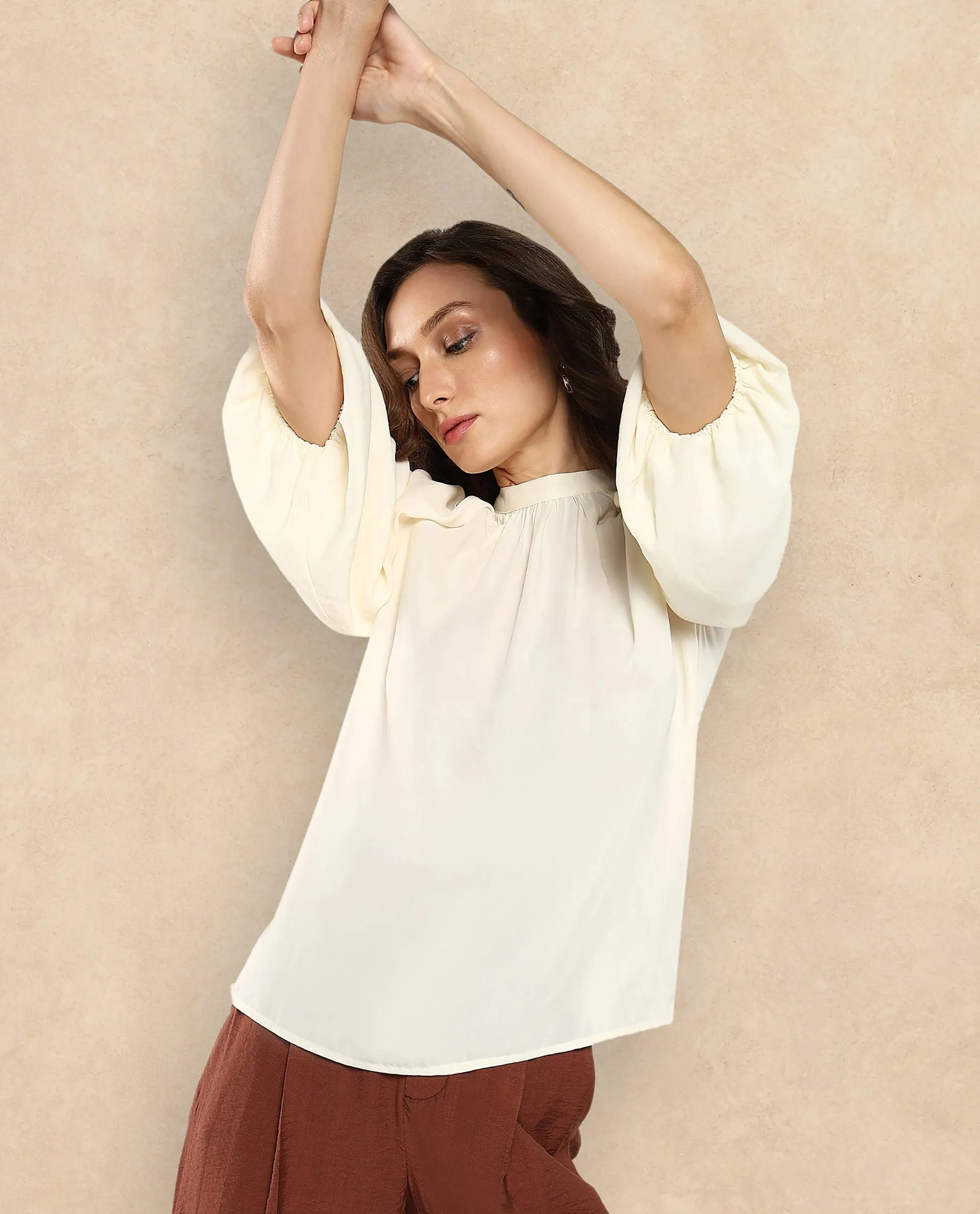 Rareism Women Nito Beige Satin Raglan Sleeves Mandarin Collar Button Closure Plain Top