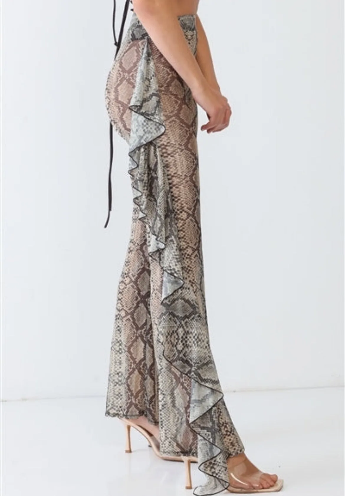 Reptile Snake Grey Sheer Mesh Sexy Ruffle High Waist Pants