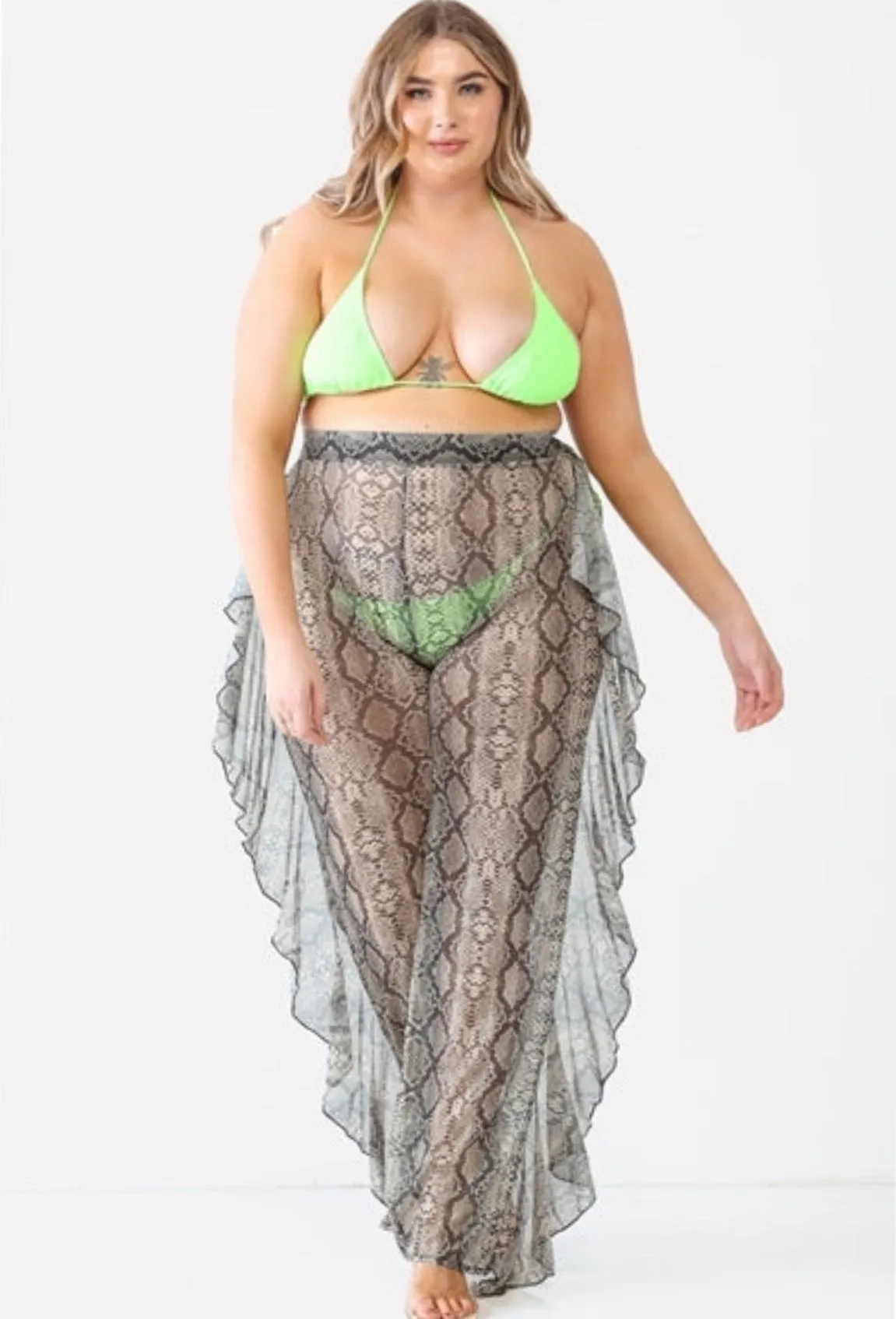 Reptile Snake Grey Sheer Mesh Sexy Ruffle High Waist Pants