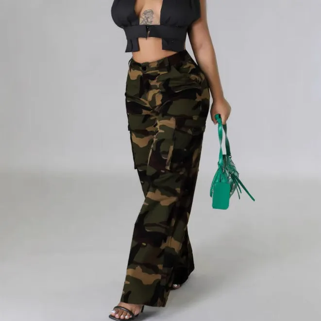 XIANGTUIBAO 2025 go out fashionable loose women's camouflage tooling high-waisted pants, camouflage military uniforms multi-pocket trousers