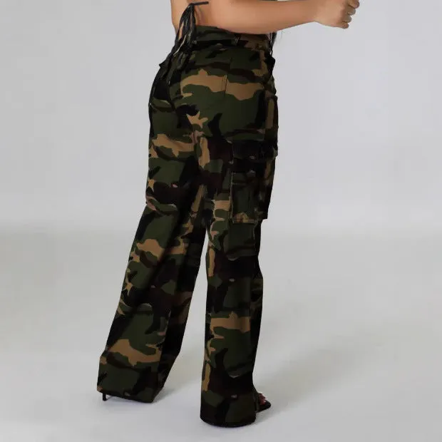 XIANGTUIBAO 2025 go out fashionable loose women's camouflage tooling high-waisted pants, camouflage military uniforms multi-pocket trousers